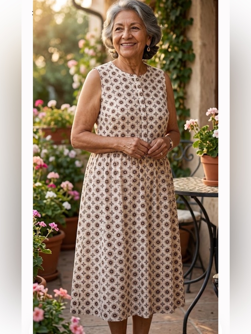 croft & barrow Cream Midi Dress with Brown Geometric Floral Print